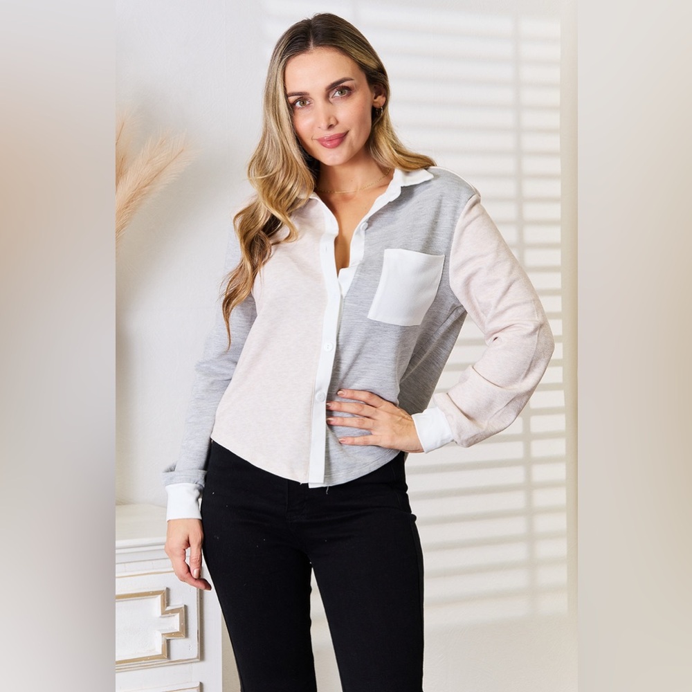 Double Take Color Block Curved Hem Shirt